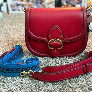Coach Red Leather Crossbody Bag with Blue Strap